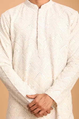 Cream mirror work georgette kurta pyjama set with cream fine satin bottom | festive & wedding wear