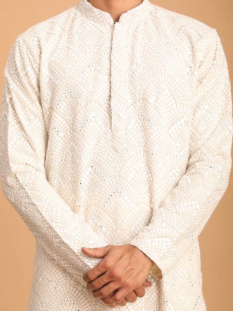 Cream mirror work georgette kurta pyjama set with cream fine satin bottom | festive & wedding wear