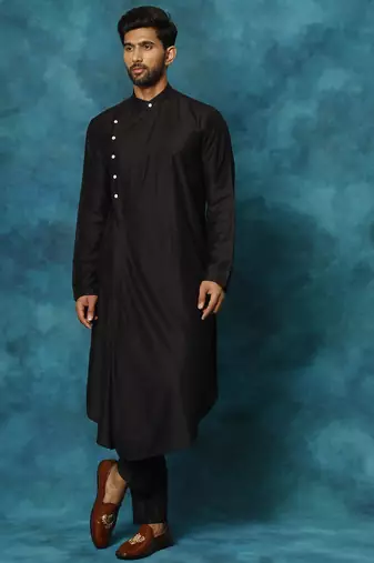 black asymmetric viscose kurta pyjama set | festive & wedding wear