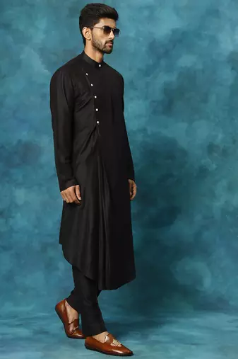 black asymmetric viscose kurta pyjama set | festive & wedding wear