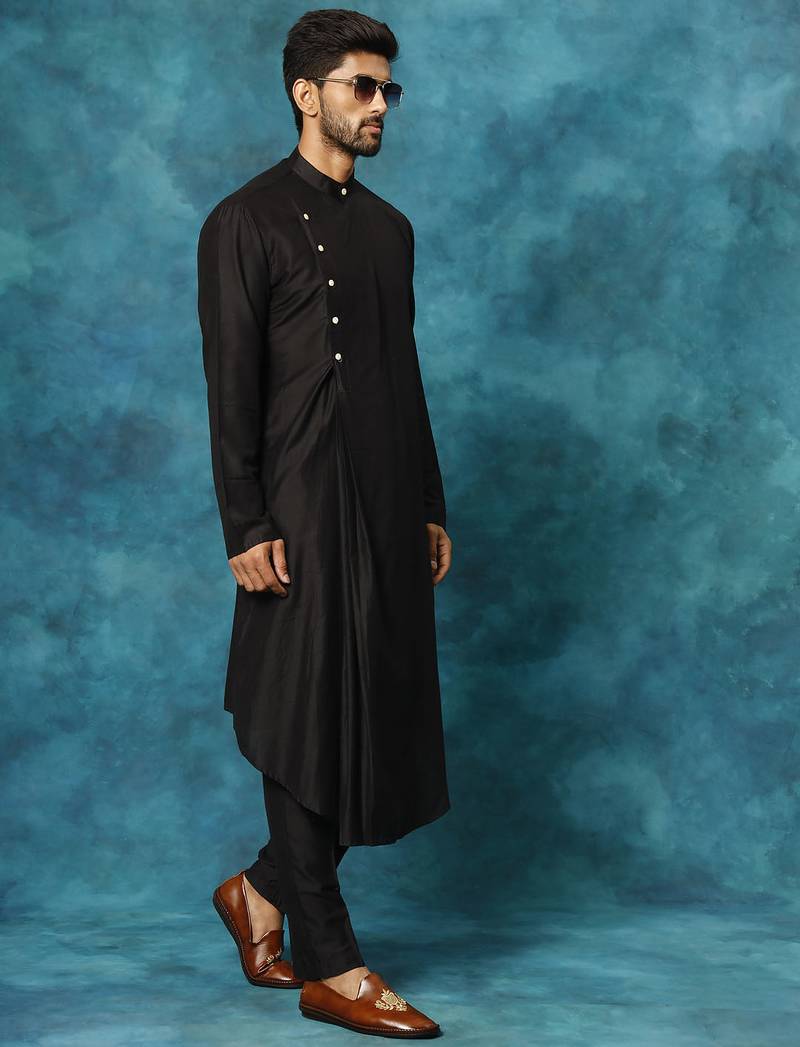black asymmetric viscose kurta pyjama set | festive & wedding wear
