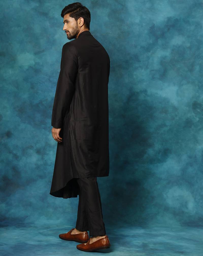 black asymmetric viscose kurta pyjama set | festive & wedding wear