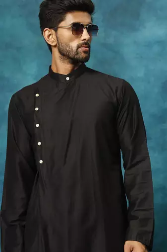 black asymmetric viscose kurta pyjama set | festive & wedding wear