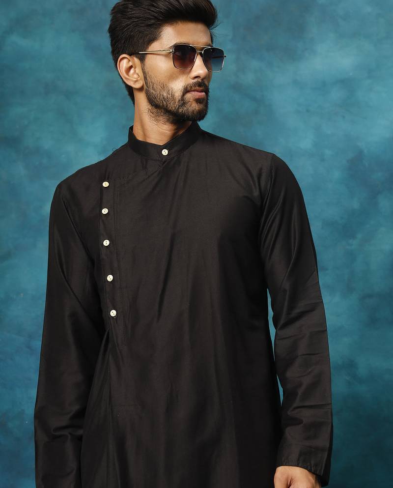 black asymmetric viscose kurta pyjama set | festive & wedding wear
