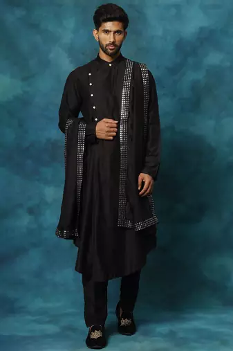 black asymmetric viscose kurta pyjama set with mirror work dupatta | festive & wedding wear