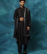 black asymmetric viscose kurta pyjama set with mirror work dupatta | festive & wedding wear