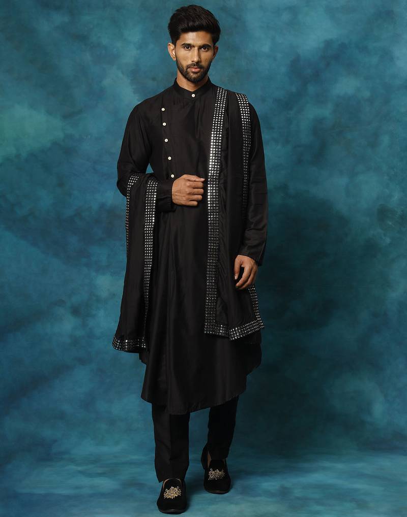 black asymmetric viscose kurta pyjama set with mirror work dupatta | festive & wedding wear