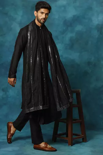 black asymmetric viscose kurta pyjama set with mirror work dupatta | festive & wedding wear