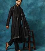 black asymmetric viscose kurta pyjama set with mirror work dupatta | festive & wedding wear