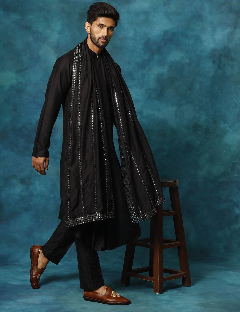 black asymmetric viscose kurta pyjama set with mirror work dupatta | festive & wedding wear