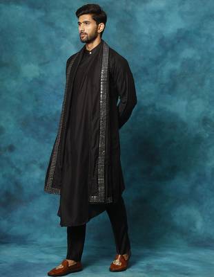 black asymmetric viscose kurta pyjama set with mirror work dupatta | festive & wedding wear 2