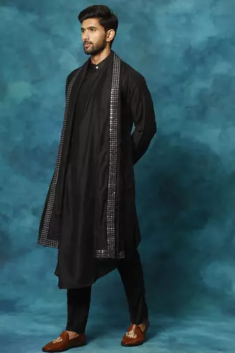 black asymmetric viscose kurta pyjama set with mirror work dupatta | festive & wedding wear