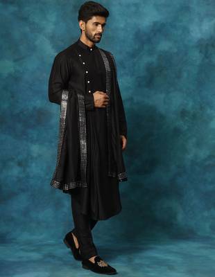 black asymmetric viscose kurta pyjama set with mirror work dupatta | festive & wedding wear 2