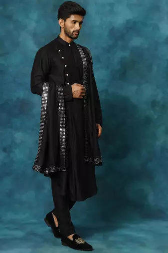 black asymmetric viscose kurta pyjama set with mirror work dupatta | festive & wedding wear