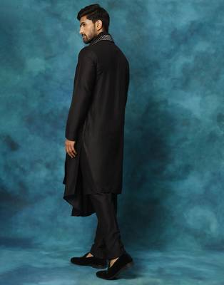 black asymmetric viscose kurta pyjama set with mirror work dupatta | festive & wedding wear 3