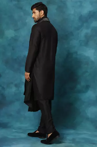 black asymmetric viscose kurta pyjama set with mirror work dupatta | festive & wedding wear