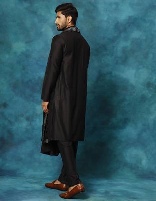 black asymmetric viscose kurta pyjama set with mirror work dupatta | festive & wedding wear 3