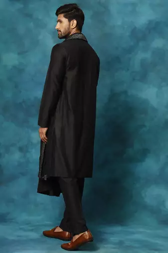 black asymmetric viscose kurta pyjama set with mirror work dupatta | festive & wedding wear
