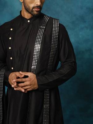 black asymmetric viscose kurta pyjama set with mirror work dupatta | festive & wedding wear 4