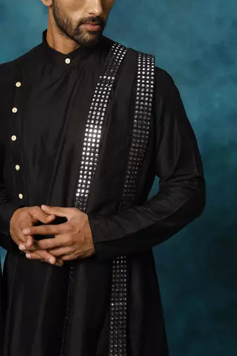 black asymmetric viscose kurta pyjama set with mirror work dupatta | festive & wedding wear