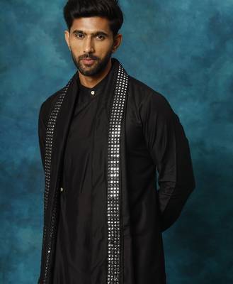 black asymmetric viscose kurta pyjama set with mirror work dupatta | festive & wedding wear 4