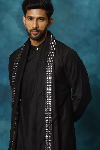 black asymmetric viscose kurta pyjama set with mirror work dupatta | festive & wedding wear