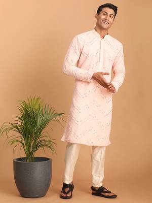 pink mirror work georgette kurta pyjama set with cream bottom | festive & wedding wear 1
