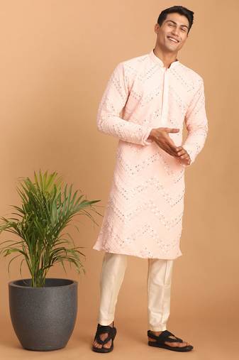 pink mirror work georgette kurta pyjama set with cream bottom | festive & wedding wear
