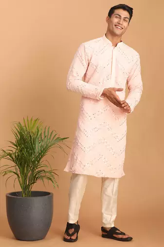 pink mirror work georgette kurta pyjama set with cream bottom | festive & wedding wear