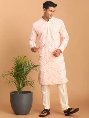 pink mirror work georgette kurta pyjama set with cream bottom | festive & wedding wear 2