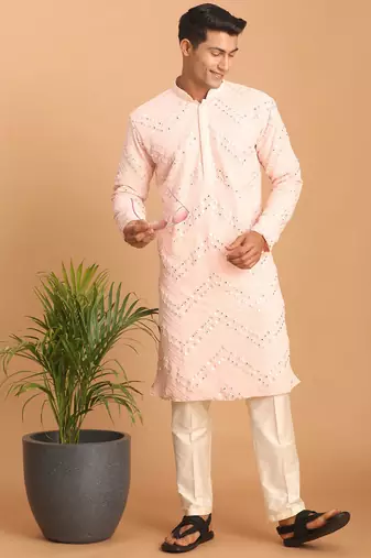 pink mirror work georgette kurta pyjama set with cream bottom | festive & wedding wear