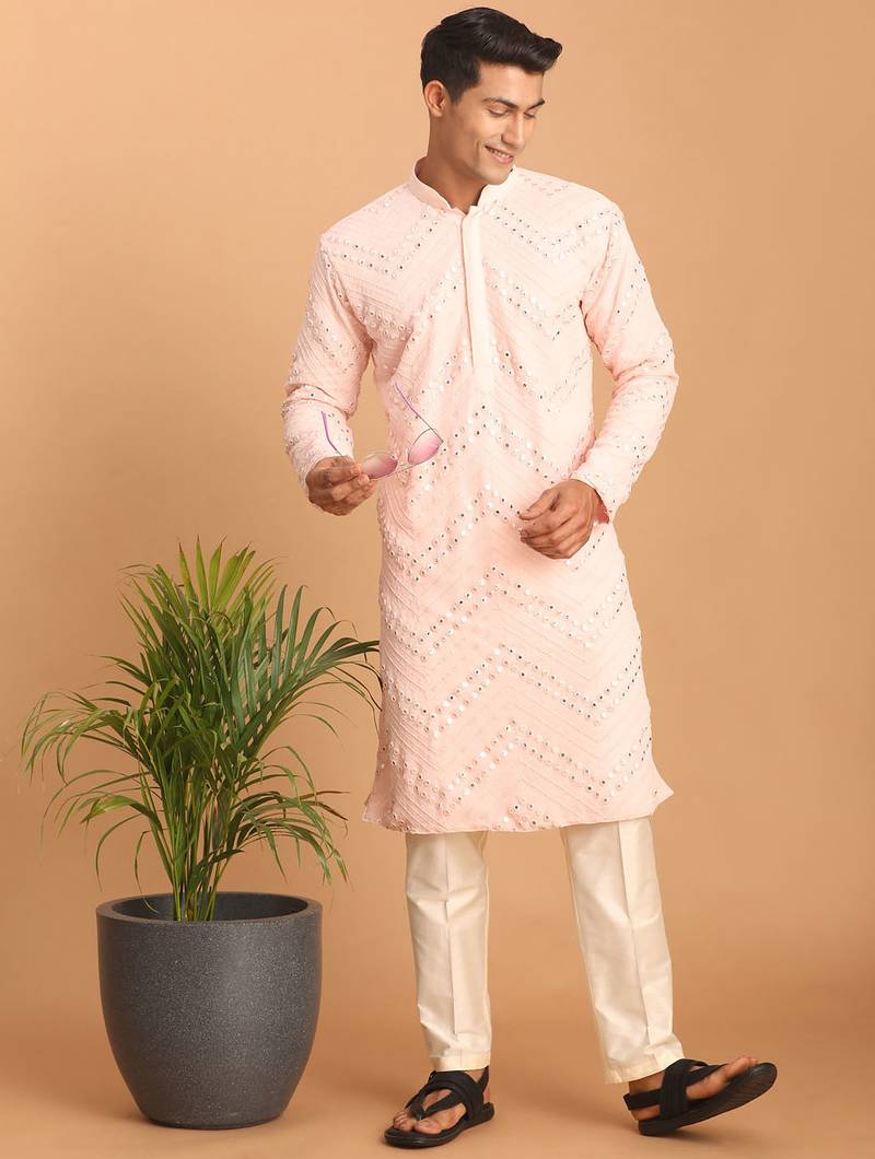 pink mirror work georgette kurta pyjama set with cream bottom | festive & wedding wear