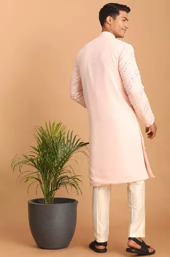 pink mirror work georgette kurta pyjama set with cream bottom | festive & wedding wear