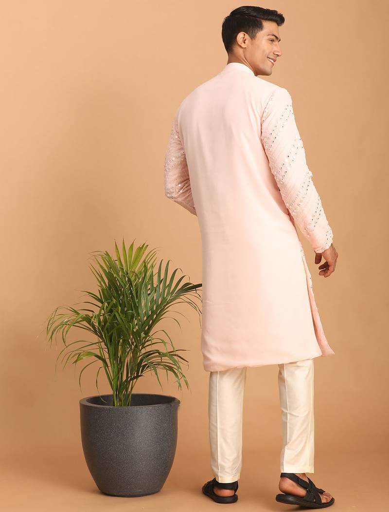 pink mirror work georgette kurta pyjama set with cream bottom | festive & wedding wear