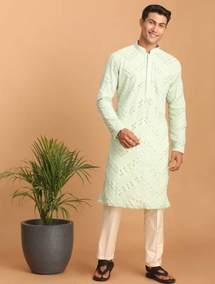 mint green mirror work georgette kurta pyjama set with cream bottom | festive & wedding wear 1