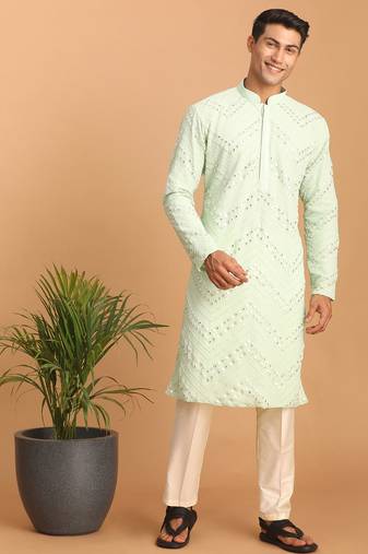 mint green mirror work georgette kurta pyjama set with cream bottom | festive & wedding wear