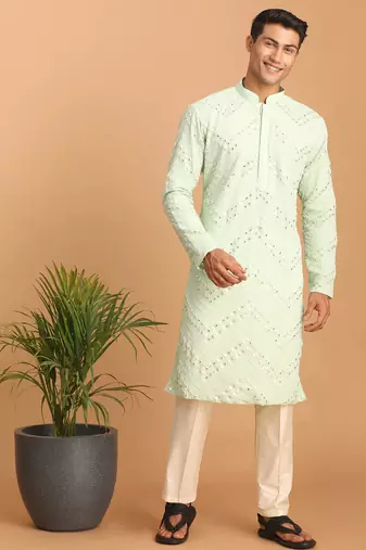 mint green mirror work georgette kurta pyjama set with cream bottom | festive & wedding wear