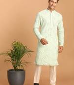 mint green mirror work georgette kurta pyjama set with cream bottom | festive & wedding wear
