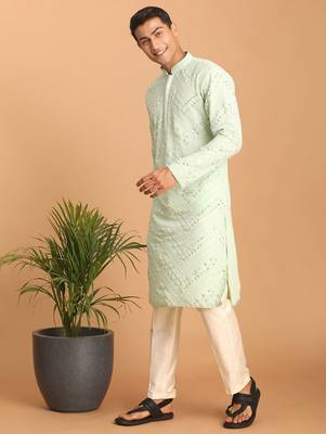 mint green mirror work georgette kurta pyjama set with cream bottom | festive & wedding wear 2