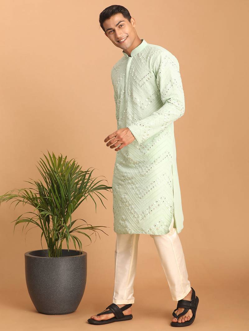 mint green mirror work georgette kurta pyjama set with cream bottom | festive & wedding wear