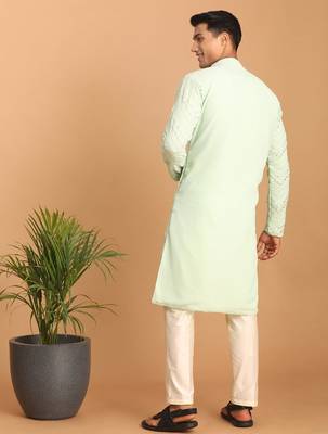mint green mirror work georgette kurta pyjama set with cream bottom | festive & wedding wear 3