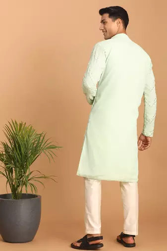 mint green mirror work georgette kurta pyjama set with cream bottom | festive & wedding wear