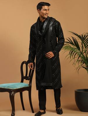 black mirror work georgette kurta with satin pyjama and mirror dupatta set | 3-piece luxury festive ethnic wear 1