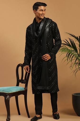 black mirror work georgette kurta with satin pyjama and mirror dupatta set | 3-piece luxury festive ethnic wear
