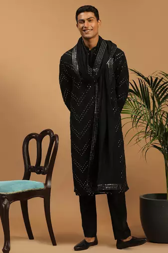 black mirror work georgette kurta with satin pyjama and mirror dupatta set | 3-piece luxury festive ethnic wear