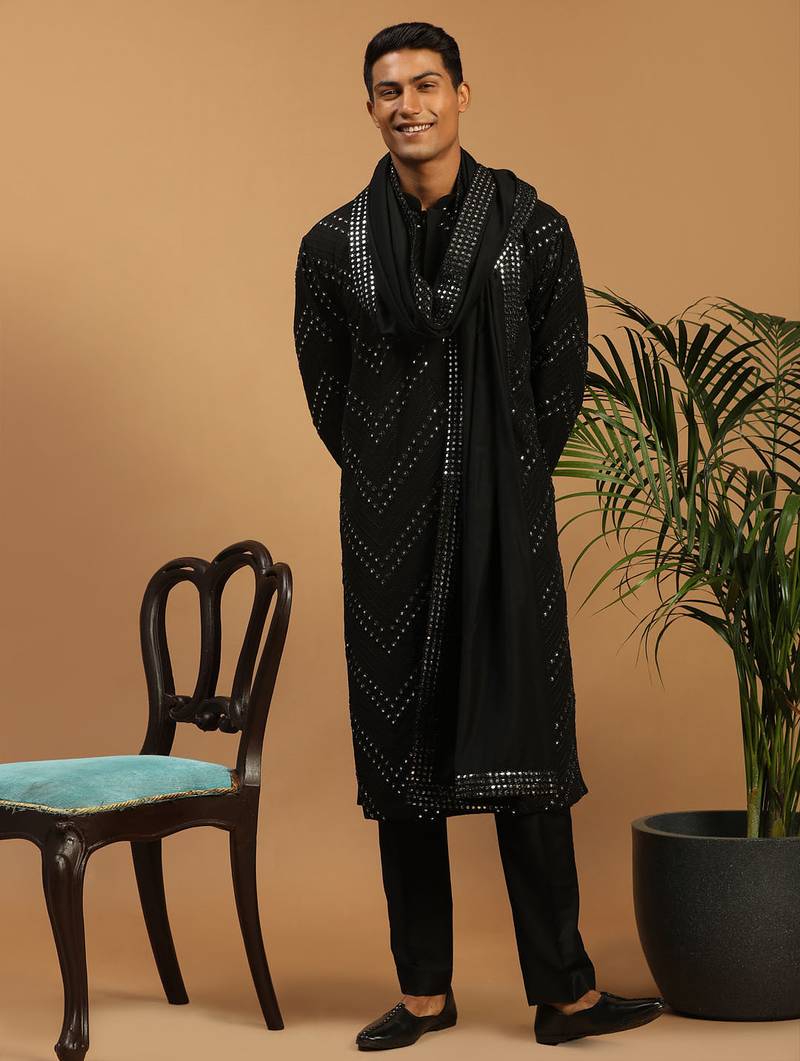 black mirror work georgette kurta with satin pyjama and mirror dupatta set | 3-piece luxury festive ethnic wear