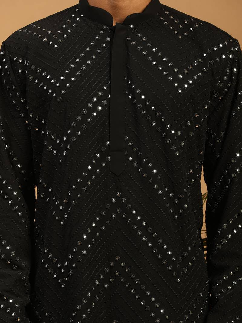 black mirror work georgette kurta with satin pyjama and mirror dupatta set | 3-piece luxury festive ethnic wear