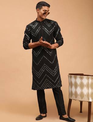 black georgette mirror work kurta with fine satin pyjama set | festive wedding wear 1