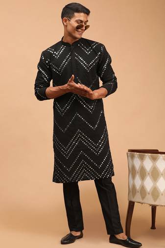 black georgette mirror work kurta with fine satin pyjama set | festive wedding wear