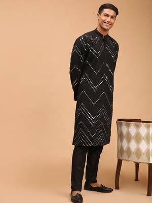 black georgette mirror work kurta with fine satin pyjama set | festive wedding wear 2